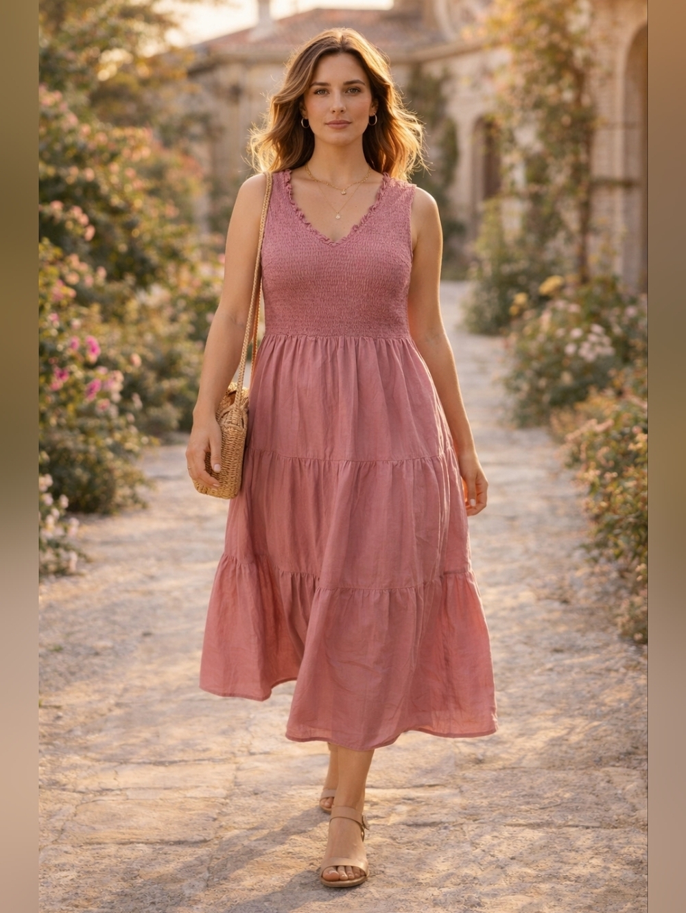 41 Hawthorn Pink Smocked Midi Dress Sleeveless Tiered Cotton Ruffle Neck Size 1X